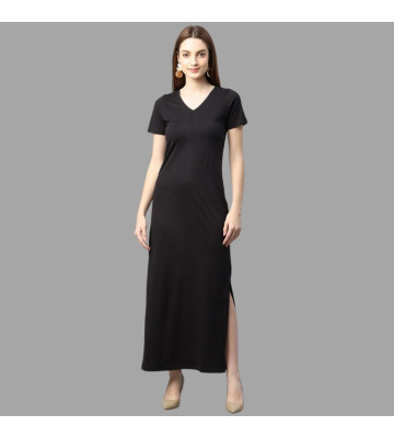 Rigo Women Black Half Sleeve V- Neck Cotton Maxi Dress